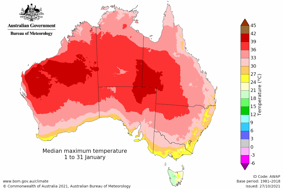 Map of Australia with Graph of Median Maximum Temperature 1 to 31 January